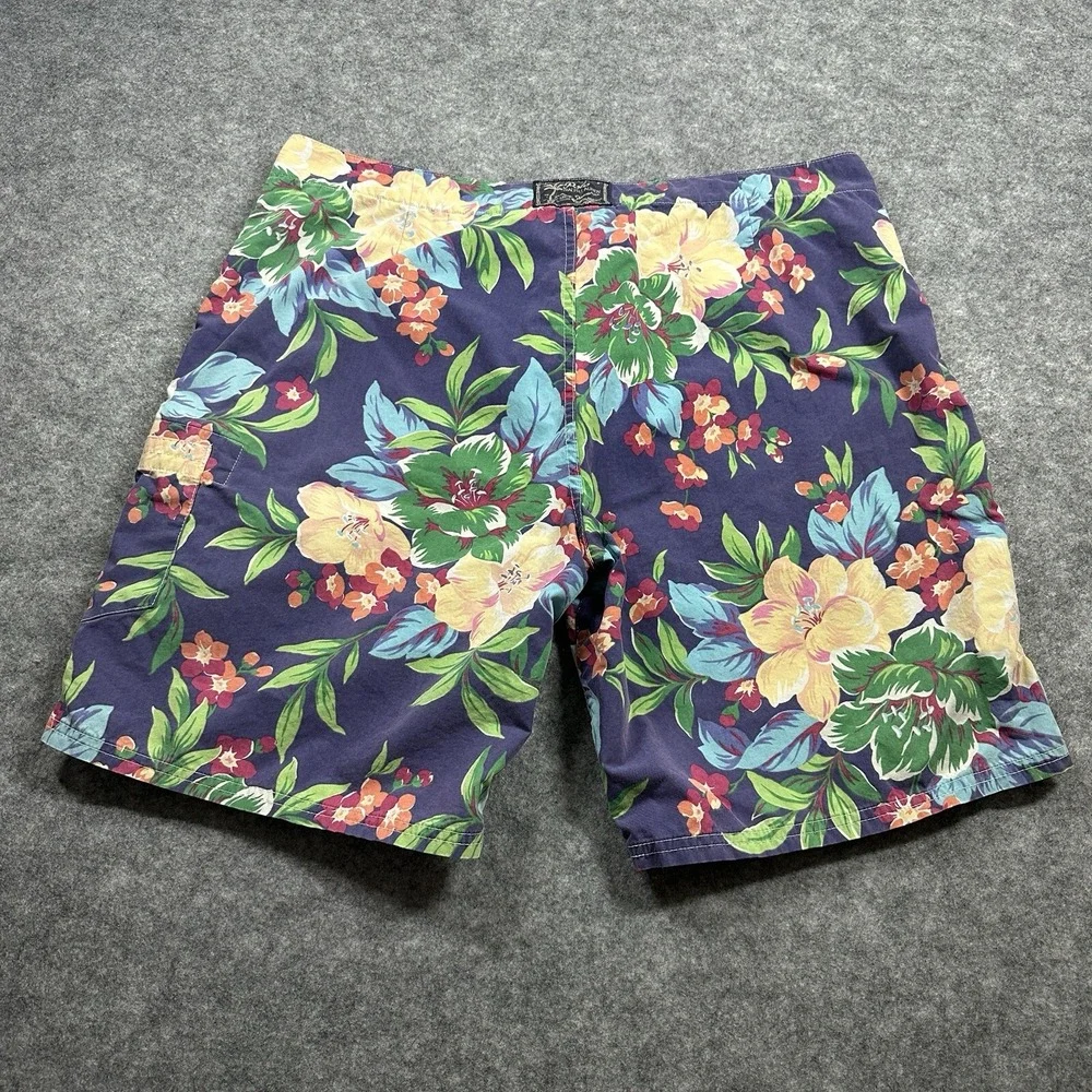Polo Ralph Lauren Board Shorts Mens 38 Blue Floral Hibiscus Tropical Swim Trunks